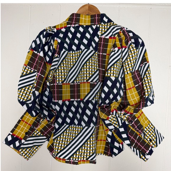 Gracia Womens Mixed Plaid Patchwork Puff Sleeve Button Down Blouse Size M - Picture 6 of 10